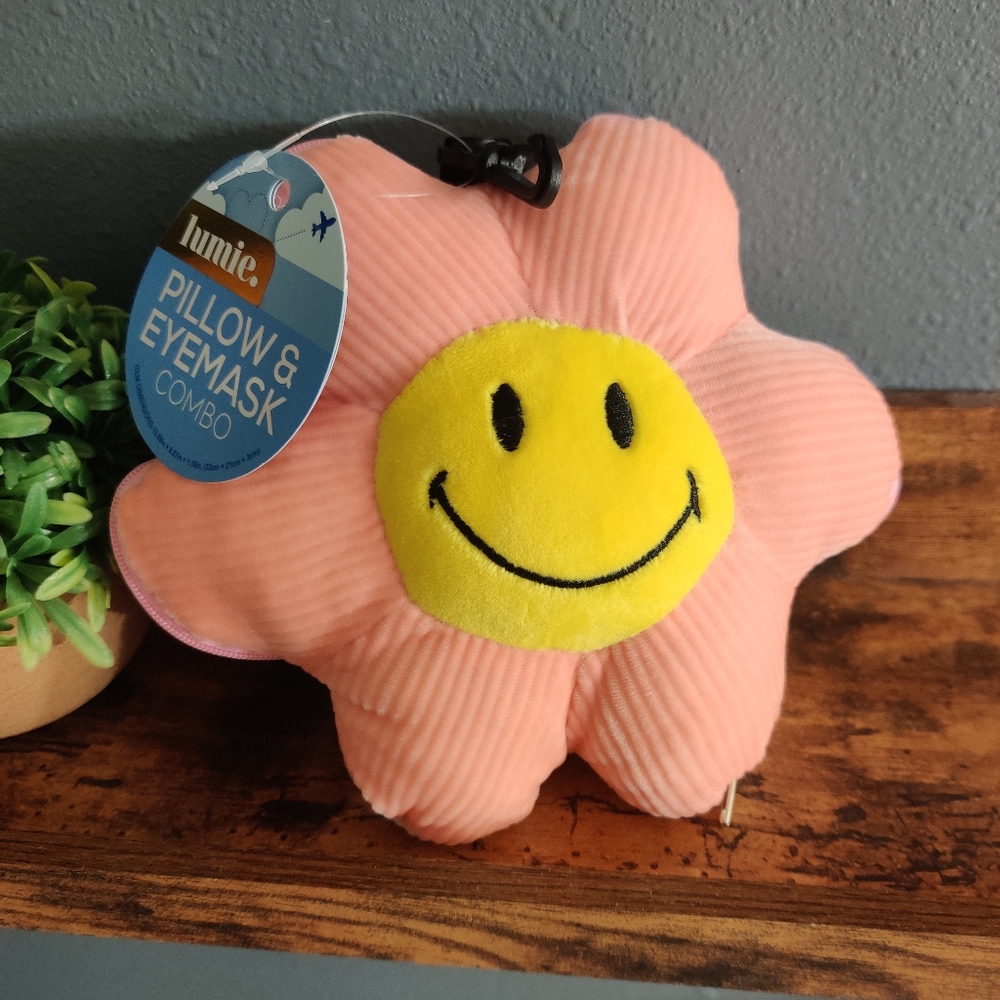 Pillow eye mask travel flower smiley face pink corduroy soft ribbed lumie plush